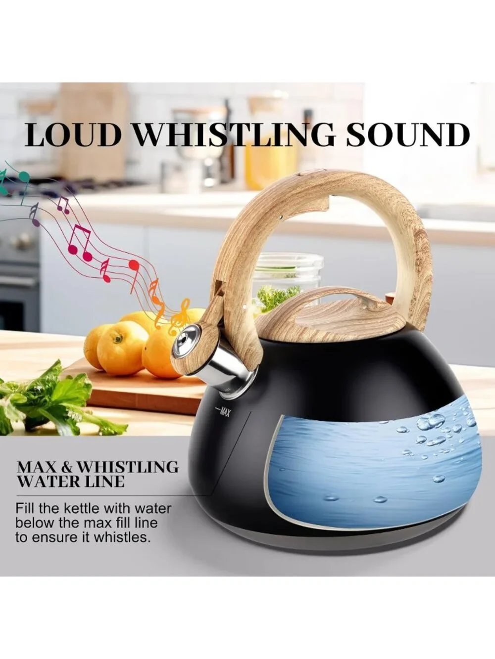 Black Stainless Steel Kitchen Whistling Tea Kettles 2.6QT Stovetop Cookware Pot